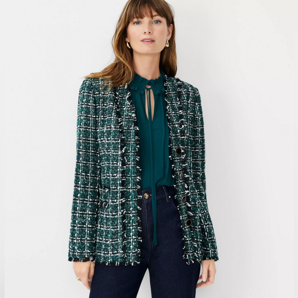 Ann Taylor Green Multi Shimmer Tweed V-Neck Cardigan Jacket - Size 8